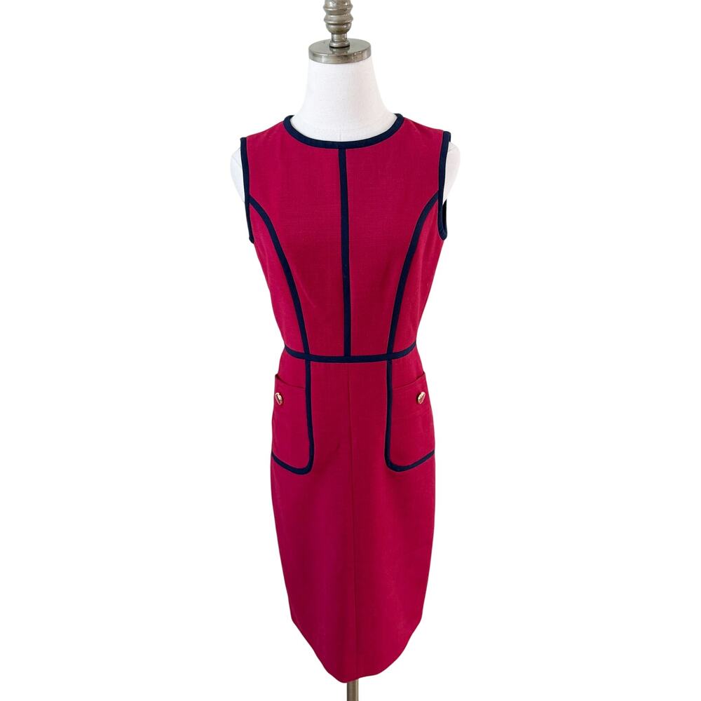 Tory Burch Red/Navy Sleeveless Pencil Dress Women's Sz 2 Crew Neck Button Accent